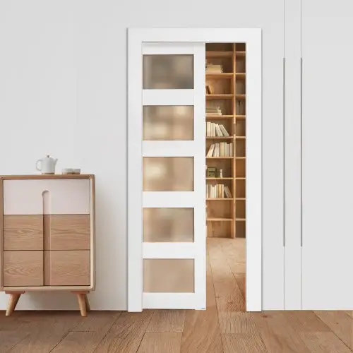 VEVOR Schuifdeur (915 x 2035 mm) 5-delige gematteerde glazen enkele schuifdeur met bevestigingsmateriaal, massief houten en MDF schuifdeurpaneel met waterdicht oppervlak voor slaapkamer, keuken, thuiskantoor