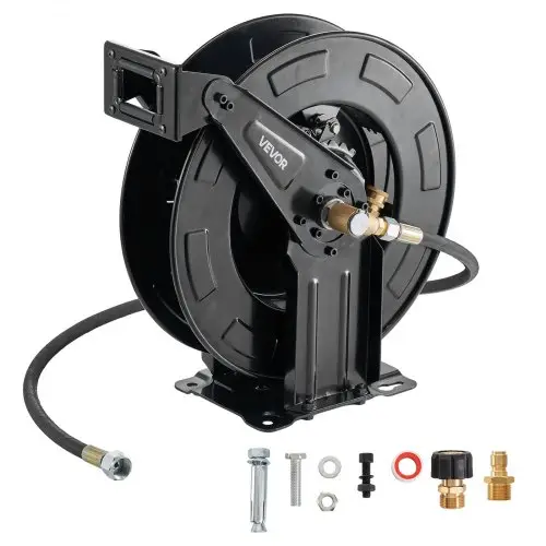 VEVOR Hogedrukreiniger Slanghaspel, 15,2 m x 9,5 mm, Stalen Slanghaspel, Max. 275 bar, Automatisch Oprollend, Flexibele Muur-/Vloermontage voor Autowassen, Tuin, Vloerreiniging