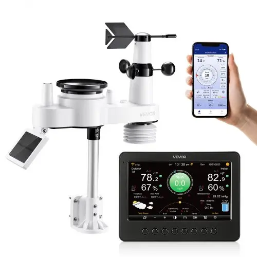 VEVOR 7-in-1 WiFi-weerstation, 7-inch TFT-display, op zonne-energie werkende buitensensor, weercentrum voor weersvoorspelling, windsnelheid, windrichting, temperatuur, luchtvochtigheid en neerslag.