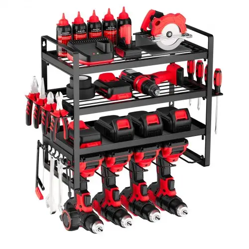 VEVOR Tool Storage Wall Mount, 4-laags opbergrek met 4 boorhouders, gereedschapshouder met schroevendraaierhouder, garagegereedschapsorganizer voor garage, werkbank en werkplaats