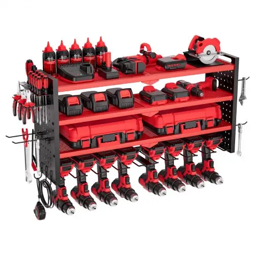 VEVOR Tool Storage Wall Mount, 4-laags opbergrek met 8 boorhouders, gereedschapshouder met zijvakken, gereedschapsorganizer voor garage, werkbank en werkplaats, rood