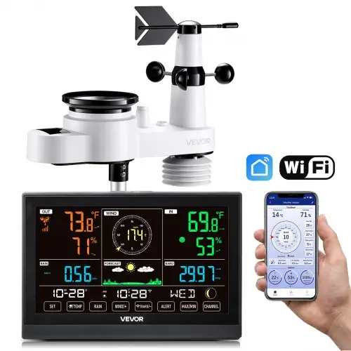 VEVOR 5-in-1 WiFi-weerstation, 7,5-inch VA-display, op zonne-energie werkende buitensensor, weercentrum voor weersvoorspelling, windsnelheid, windrichting, temperatuur, luchtvochtigheid en neerslag.