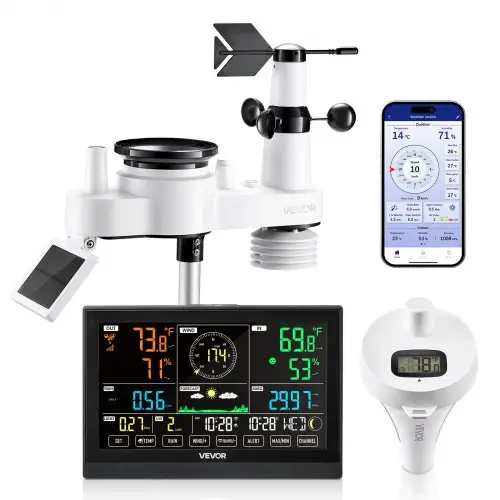 VEVOR 7-in-1 wifi-weerstation met app, 7,5-inch display, op zonne-energie werkende buitensensor, met zwembadthermometer, regenmeter, weercentrum voor weersvoorspellingen, windsnelheid en zwembadtemperatuur.