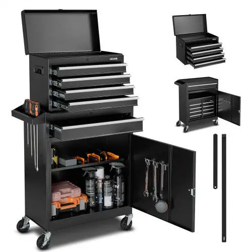 VEVOR Werkplaatswagen, 2-in-1 ontwerp, gereedschapswagen met 5 lades en uitneembare metalen gereedschapskist, afsluitbare stang, beschermende voering en gereedschapsrek, garage-organizer voor opslag, werkplaats