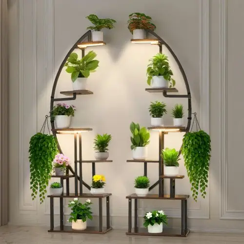 VEVOR Plantenstandaard met kweeklampen (2-pack), 7-laags bloemenstandaard, bloementrap, plantentrap, 3 timers en 10 helderheidsniveaus, bloemenplank voor de woonkamer, 550x260x1665mm