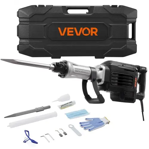 VEVOR sloophamer 3000 W elektrische betonhamer, 1700 slagen per minuut pneumatische hamer met puntbeitel, draagtas, handschoenen en veiligheidsbril, voor betonnen muren, bakstenen, tegels, funderingen, zwart