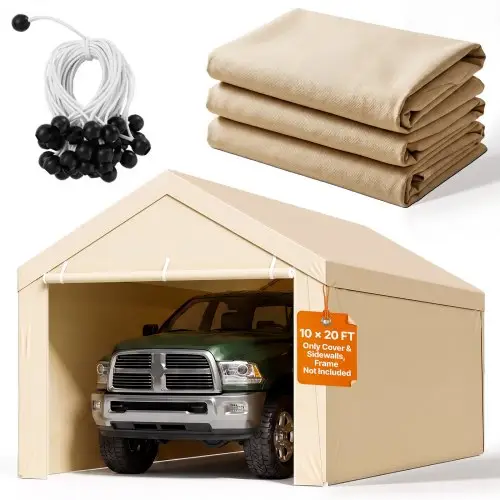 VEVOR Carport Vervangend Dak, 3,05 x 6,09 m, Garage Tent Cover met Zijwanden, UV-bestendig, Zware Autohoes met Ballennet, Beige, Frame Niet Inbegrepen