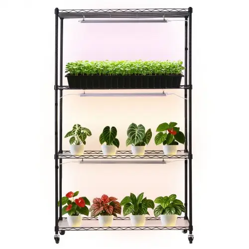 VEVOR plantenrek met kweeklamp 90x35x150 cm, plantenstandaard met 4 lagen, plantenplank met wielen, 90W 3-kleuren full spectrum lampen, metalen bloemenrek voor zaadkieming
