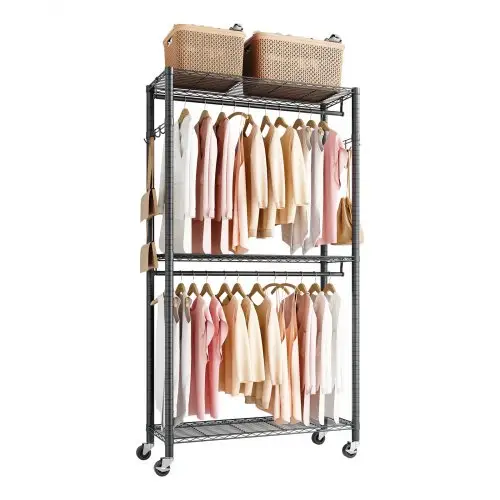 VEVOR Kledingrek op wielen (verstelbaar) Gemaakt van koolstofstaal met 2 kledingstangen en een draagvermogen van 204 kg en 3 planken en 8 haken, voor slaapkamer, kledingwinkel, garderobe, gang