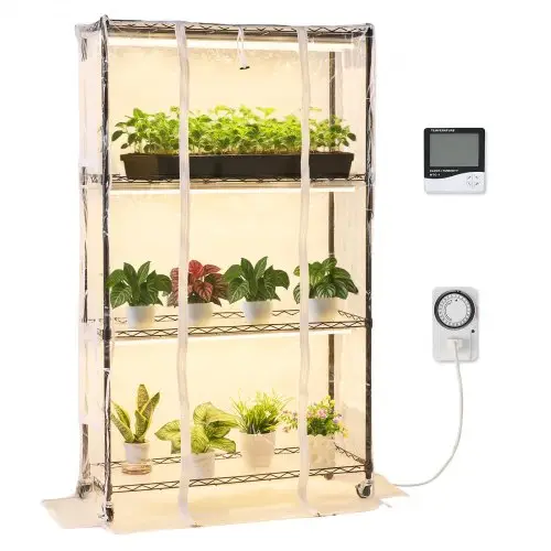 VEVOR plantenrek met groeilamp, 4-laags plantenstandaard met transparante afdekking, timer en hygrometer, 180W full-spectrum lampen, bloemenrek voor kamerplanten 90x35x150 cm