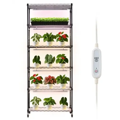 VEVOR plantenrek met kweeklamp, plantenstandaard met 6 lagen, wielen en timer van 4/9/14 uur, 150W 3-kleuren full spectrum lampen, bloemenrek voor zaaien, 75x35x180cm