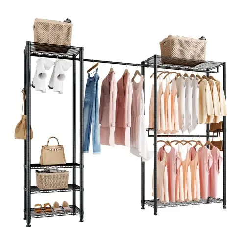 VEVOR Kledingrek met 4 kledingstangen en een draagvermogen van 363 kg, 6 planken en 8 haken, open kledingkast voor slaapkamer, kledingwinkel, garderobe, hal, zwart
