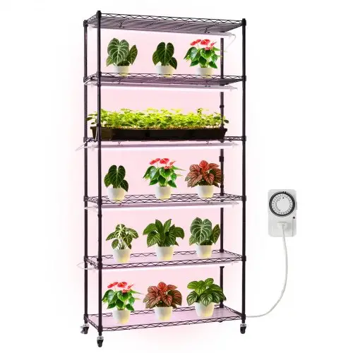 VEVOR plantenrek met kweeklampen, 6-laags plantenstandaard voor binnen met wielen en timer, 150W 3800K full spectrum licht, metalen bloemenrek voor zaaien, 90x35x180cm
