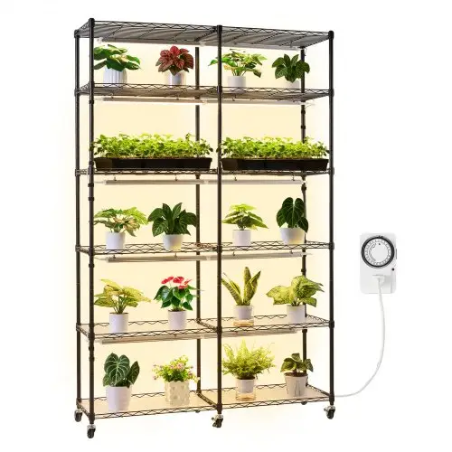 VEVOR plantenrek met groeilamp, 6-laags plantenrek met dubbele rij voor kamerplanten, wielen en timer, 200W full-spectrum lampen, bloeirek voor het opkweken van zaden, 120x35x180cm