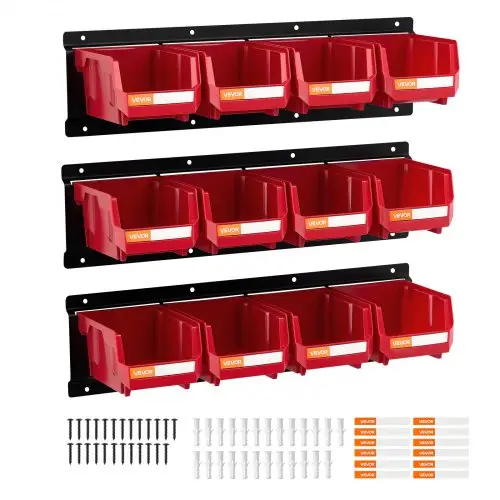 VEVOR stapelboxen voor aan de muur, 137x105x75mm opbergboxen (12 stuks) & 3 metalen rails, zichtbare opbergboxen voor schroeven, moeren, bouten en spijkers, gereedschapsorganizer voor werkplaats, hobbykamer, garage, rood