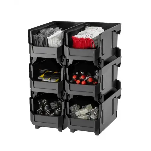 VEVOR stapeldozen, 377 x 215 x 180 mm (6-pack), opbergdozen, opbergdozen met open voorkant, voor het organiseren en opbergen van kleine onderdelen, kantoorbenodigdheden en andere accessoires, zwart