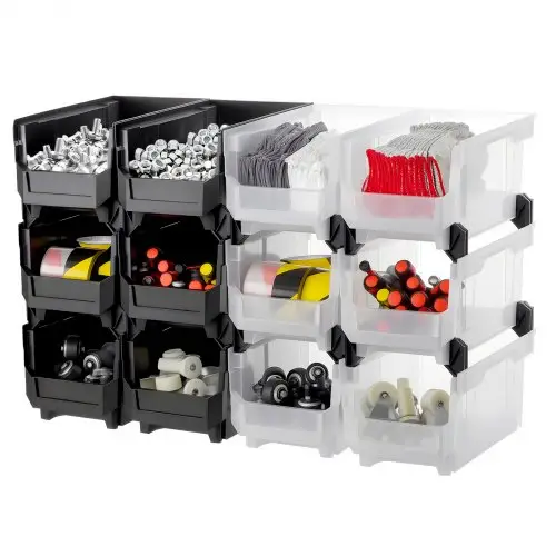 VEVOR stapeldozen, 377 x 215 x 180 mm (12-pack), transparante opbergdozen, stapelbare opbergdoos voor het organiseren en opbergen van kleine onderdelen, kantoorbenodigdheden en andere accessoires, zwart en transparant