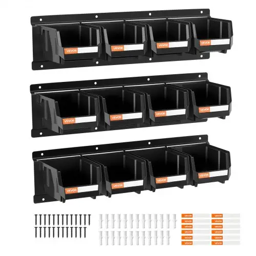 VEVOR wandgemonteerde stapelboxen, 137 x 105 x 75 mm (12 stuks) & 3 metalen rails, zichtbare opbergboxen voor schroeven, moeren, bouten, spijkers, gereedschapsorganizer voor werkplaats, hobbykamer, garage, zwart