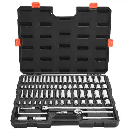 VEVOR 76-delige doppenset, 9,5 mm aandrijving, SAE en metrisch, diepe en ondiepe ratelset met accessoires en opbergkoffer, CR-V gelegeerd staal, voor autoreparatie