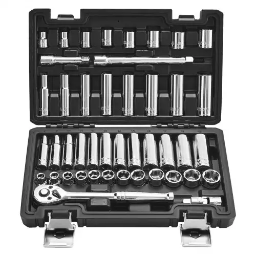 VEVOR 44-delige 9,5 mm aandrijfsleutel- en ratelset, SAE en metrisch, diep en ondiep, met opbergkoffer voor accessoires, CR-V-gelegeerd staal, voor autoreparatie