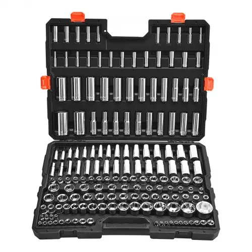 VEVOR 163-delige dopsleutelset, 9,53, 6,4 en 12,7 mm aandrijving dopsleutelset, SAE en metrisch, diep en standaard, met opbergkoffer, verchroomd CR-V-gelegeerd staal