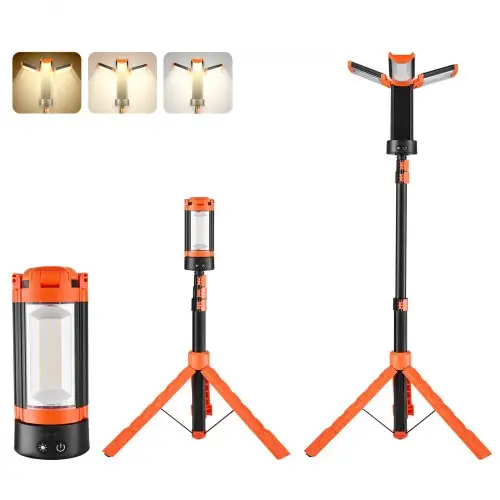 VEVOR LED-bouwlamp met statief, oplaadbare campinglamp van 8 Ah, met 3 lampkoppen, afneembaar statief, 2200 LM, 3000 K-6500 K, dimbaar, bouwplaatsverlichting