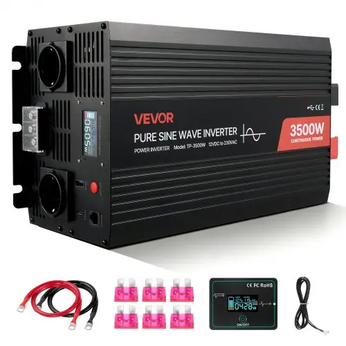VEVOR 3500 W Omvormer, 12 V DC naar 230 V AC, Zuivere sinusomvormer, Zonne-energie autolader converter met LCD-display, afstandsbediening, USB-poort, 2 stopcontacten, Type-C-poort
