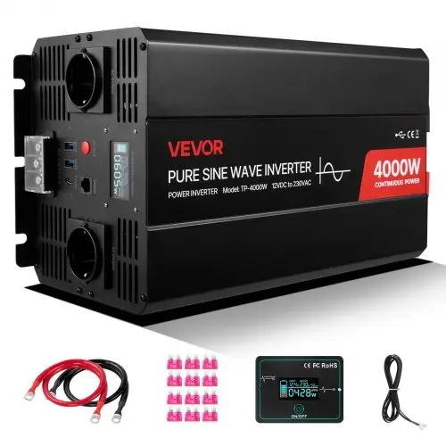VEVOR 4000W omvormer, 12V DC naar 230V AC, zuivere sinusomvormer, met LCD-scherm, afstandsbediening, 2 USB-poorten, 2 stopcontacten, Type-C-connector, voor campers, vrachtwagens en buitengebruik