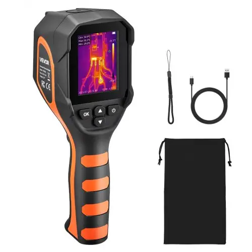 VEVOR warmtebeeldcamera, 320 x 240 TISR superresolutie, draagbare warmtebeeldcamera met 2MP beeldcamera, 256 x 192 IR-resolutie, 25 Hz verversingsfrequentie, -20 °C tot 450 °C, 4 beeldmodi en 6 kleurenpaletten.