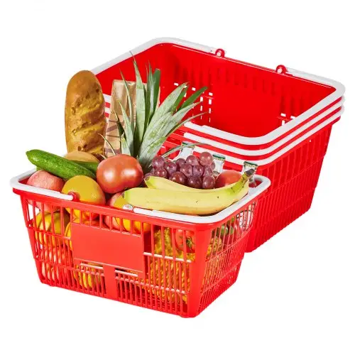 VEVOR Boodschappenmand, 4 stuks, 21 L, PE-kunststof draagmand met handvatten, stapelbare universele mand, draagbare kunststof mand voor boodschappen, detailhandel, winkels, supermarkten, thuisgebruik, rood