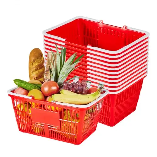 VEVOR Boodschappenmand, 12 stuks, 21 L, PE-kunststof draagmand met handvatten, universele mand, draagvermogen tot 9,07 kg, picknickmand voor levensmiddelen, detailhandel, winkels, supermarkten, thuisgebruik, rood