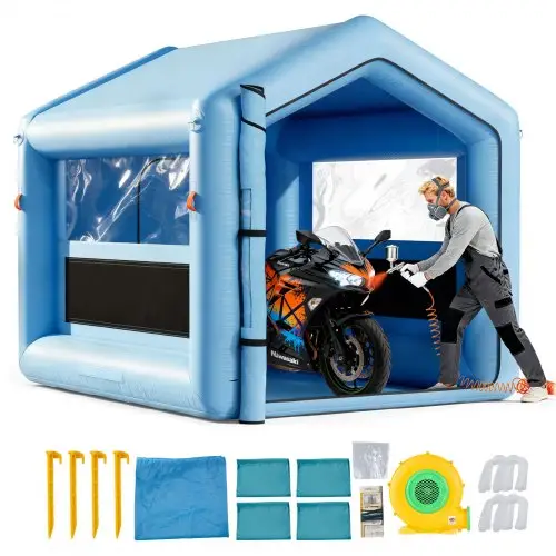 VEVOR Opblaasbare Spuitcabine 3 x 2,5 x 2,5 m, Spuitcabinetent met 550 W ventilator & luchtfiltratiesysteem & transparant raam, driehoekig dak, 210D Oxford-stof, Spuitverfblauw