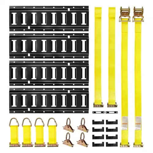 VEVOR E-Track bevestigingsrailset, 4-pack, 0,4 m, 21-delige accessoireset, inclusief 2 ratelriemen, 4 O-ringen, 4 bevestigingsriemen met D-ringen, 2 enkele sleuven, 8 eindkappen en 1 tas, voor garages, auto's en aanhangwagens