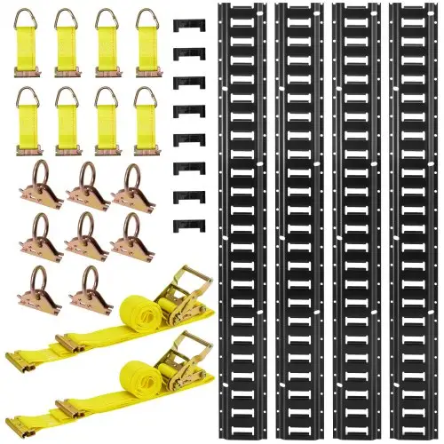 VEVOR E-Track bevestigingsrailset, 4-pack, 2,3 m E-Track rails, 26-delige set, inclusief 2 ratelriemen, 8 O-ringen, 8 bevestigingsriemen met D-ringen en 8 eindkappen, voor garages, bestelwagens, aanhangwagens en motoren