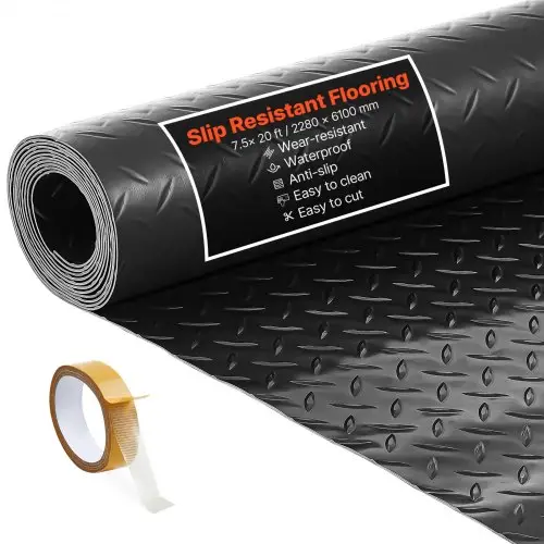 VEVOR Garagevloermat, 2280x6100 mm antislipmat, per meter, 2,2 mm dikke PVC-noppenmat, vloerbeschermingsmat met dubbelzijdige tape, voor magazijnen, sportscholen, trailers, zwart