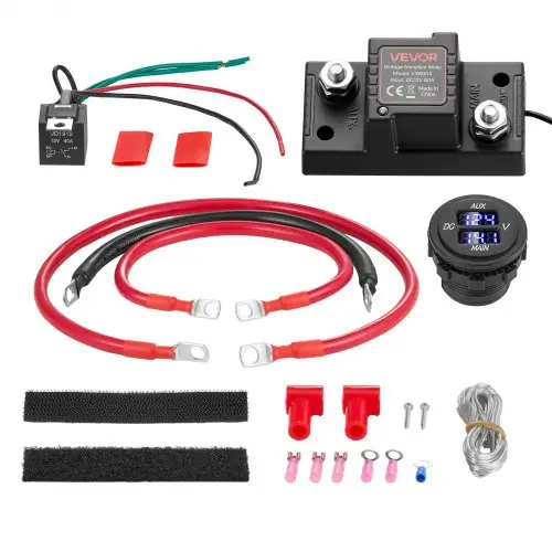 VEVOR Dubbele Accu-isolatierelais Kit, 12V 80A 0,6m 13.3 mm² (6 AWG), VSR spanningsgevoelig relais met voltmeter, LCD-scherm, accu-isolatieschakelaar, compatibel met loodzuuraccu's, voor UTV, ATV