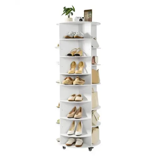 VEVOR Schoenenrek, Schoenenkast voor 28 paar schoenen (7 lagen), 360° draaibaar, rolbare schoenenopbergkast, schoenenrek voor slaapkamer, woonkamer, hal, wit, 588 x 588 x 1646 mm