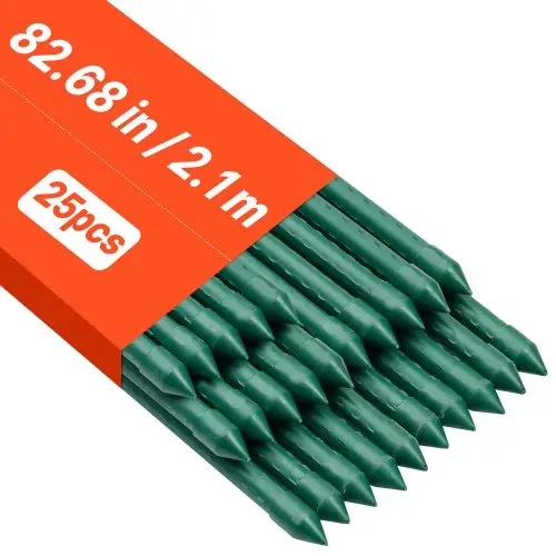 VEVOR Plantensteun, verpakking van 25 stuks, plantenstokken ⌀11x2100 mm, met kunststof gecoate metalen tomatenstokken, plantensteun met puntig uiteinde en antislipnoppen voor het kweken van klimplanten en groenten