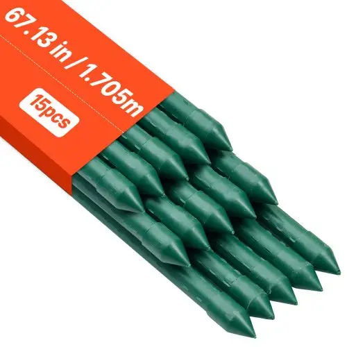VEVOR Plantensteun, 15 stuks, Plantenstokken ⌀16x1705mm, Met kunststof gecoate metalen tomatenstokken, Plantensteun met puntig uiteinde en antislipnoppen voor het kweken van klimplanten en groenten