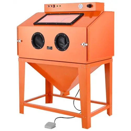 VEVOR zandstraalcabine 435 L, zandstraalunit met 117 L straalmiddelreservoir, twee straalpistolen en 1,6 pk stofafzuiging voor oppervlaktebehandeling van grote onderdelen en roestverwijdering.