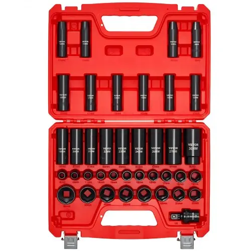 VEVOR 1/2 inch slagmoersleutelset, 39-delige moersleutelset, metrisch 9-30 mm, zwaar uitgevoerd chroom-vanadiumstaal, met universeel scharnier en dubbele maataanduiding.