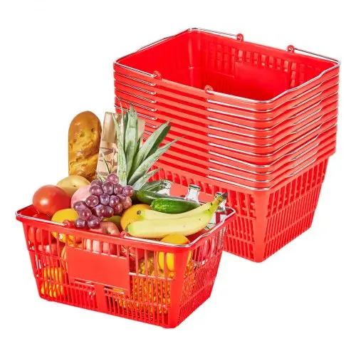 VEVOR Winkelmand, 12 stuks, 21 liter, stapelbare draagmand, PE-kunststof mand met metalen handgrepen, verkoopmand met een draagvermogen van 9,07 kg, voor supermarkten, detailhandel en andere winkels.