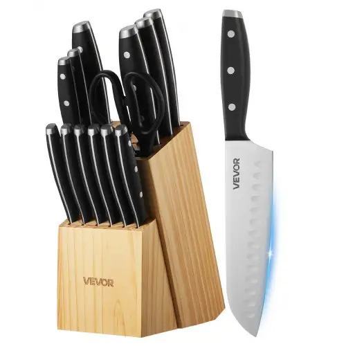 VEVOR Keukenmessenset met messenblok (hout) en slijpstaal, 15-delige messenset, messen van hoogwaardig roestvrij staal met hoog koolstofgehalte, keukengerei met ergonomische handgrepen en keukenschaar voor thuiskoks
