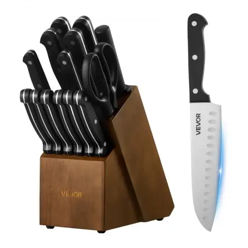 VEVOR Keukenmessenset met messenblok (hout) en slijpstaaf, 15-delige messenset van scherpe messen van hoogwaardig roestvrij staal, keukengerei met ergonomische ABS-handgreep, voor hobbykoks.