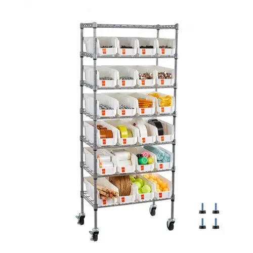 VEVOR Staande plank, opbergplank met 7 lagen en 24 kleine stapelbare dozen, boekenplank, keukenplank op wielen, gereedschapsorganizer voor garage, kantoor, restaurant, klaslokaal, keuken, 600x350x1480mm