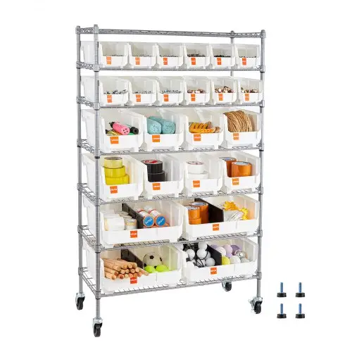 VEVOR vrijstaande opbergkast, opbergrek met 7 niveaus en 24 stapelbare dozen, boekenplank, keukenrek op wielen, gereedschapskast voor garage, magazijn, kantoor, restaurant, klaslokaal, keuken, 355x900x1480 mm