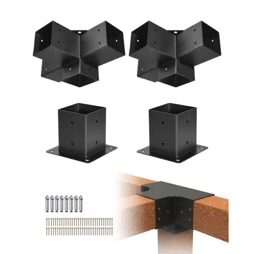 VEVOR Paalverbinders, Paalhoekbeugels voor palen van 92x92 mm, 4-weg zware hoekbeugels, Paalsteunen, Doe-het-zelf paalbasisset voor houtbewerking, voor tuinhuisjes, terrasoverkappingen, paviljoens, set van 4