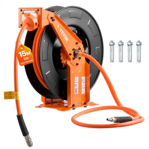 VEVOR persluchtslanghaspel, slangoproller voor 15 m x 9,5 mm hybride persluchtslang, 20 bar, automatische slangoproller met 1,52 m voedingskabel, plafond-/wandmontage, dubbele arm van staal
