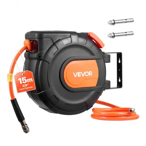VEVOR persluchtslanghaspel, 9,5 mm x 15 m PVC-slang, 20 bar, gesloten slanghaspel met automatische oprolfunctie en 1 m toevoerkabel, 180° draaibare plafond-/wandbeugel