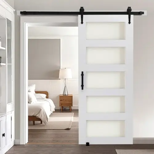 VEVOR schuifdeursysteem in schuurstijl (813 x 2134 mm) gemaakt van zeer sterk MDF-paneel en matglas, schuurdeur met beslagset en waterdicht PVC-oppervlak en H-frame voor badkamers